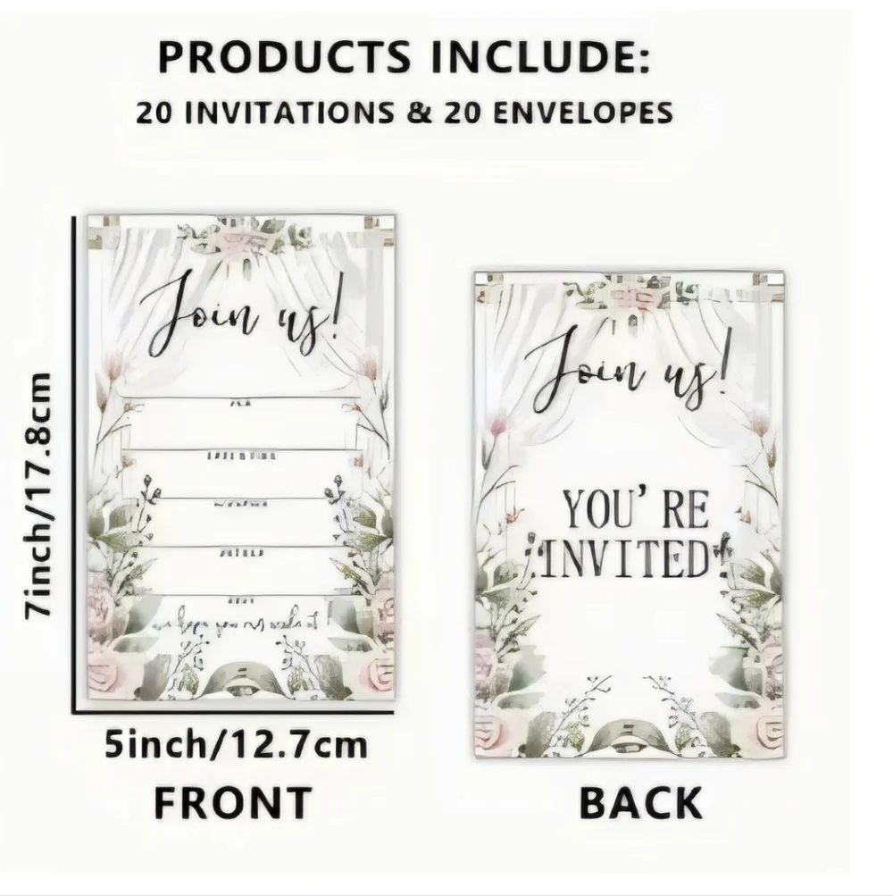 New 20 PACK FLORAL WEDDING INVITATIONS AND ENVELOPES